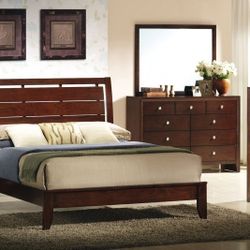 Brand New Brown Queen Bedframe + Dresser + Mirror + Nightstand 4PCs Bedroom Set