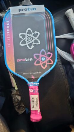 PICKLEBALL PADDLE BRAND NEW PROTON PROJECT FLAMINGO SERIES TREE 15MM ELONGATED SHAPE BLACK AND PINK AND SKY BLUE 