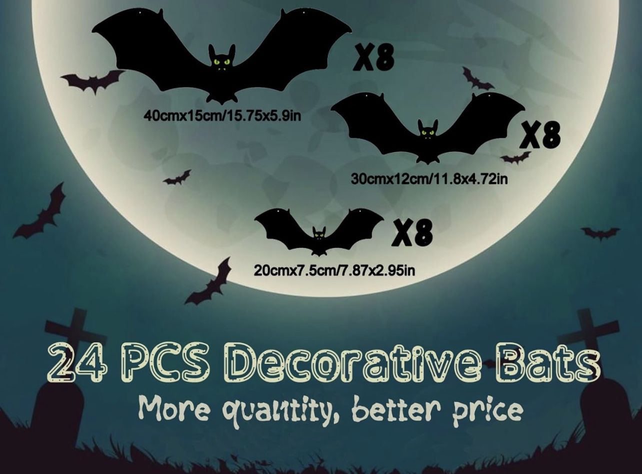 24 Pcs Hanging Bats Halloween Decoration Outdoor | 3 Different Large Sizes Halloween Decor Hanging Sign for Garden Tree Yard Lawn | PVC Bats with Cute