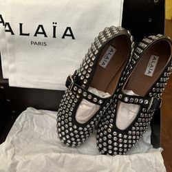 New Alaia Mary Jane Flats With Studs All over Size 7.5 With Box And Dust Cloth 