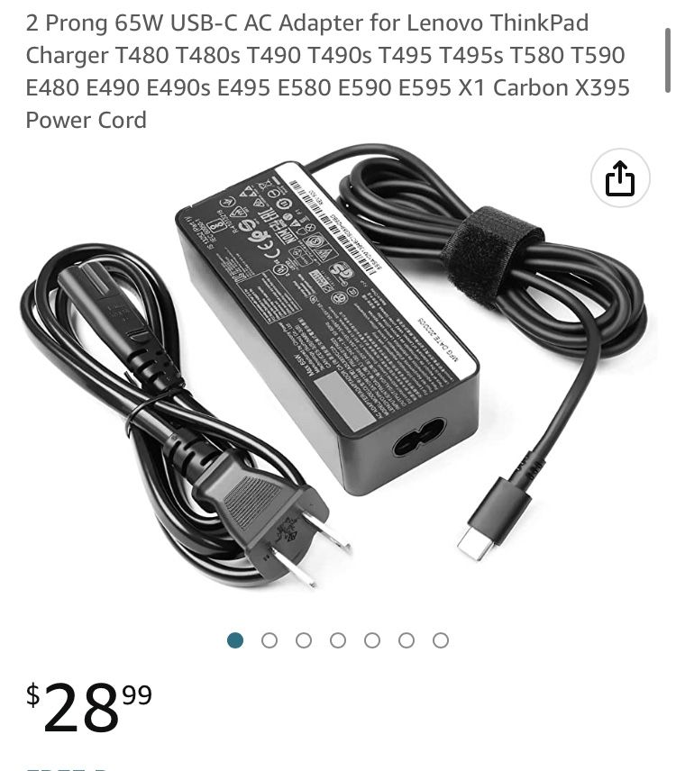2 Prong 65W USB-C AC Adapter for Lenovo - New