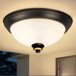 Outdoor Indoor Flush Mount Ceiling Light,   2-Light Close to Ceiling Bronze Light Fixture with white marble glass lampshade