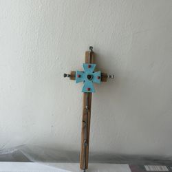 Wall Art Wooden Cross With Natural Turquoise Native Talisman 