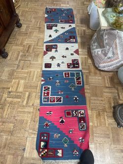 Vintage Indian pictorial runner rug 8 feet by 20 inches wide