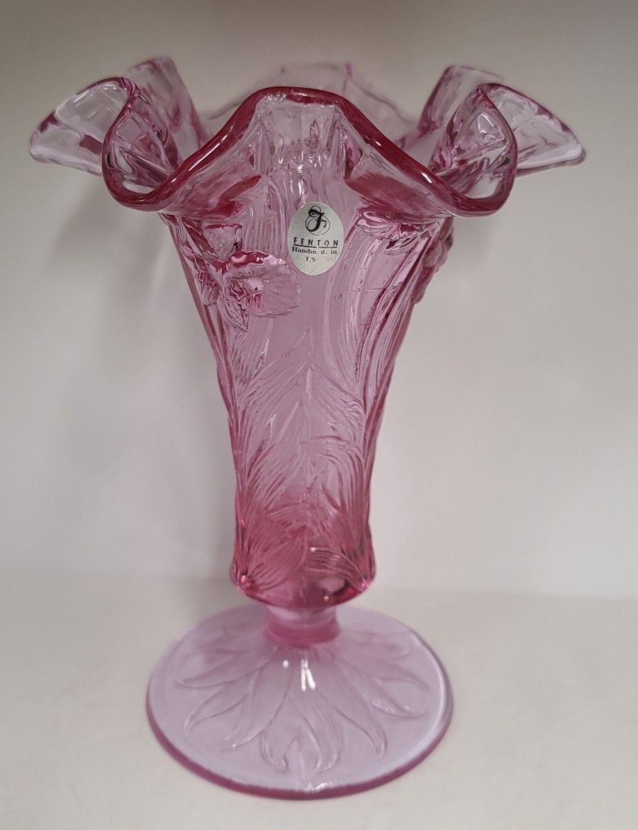 Beautiful Vintage Fenton Cranberry Vase With Raised Daffodils, Special Edition