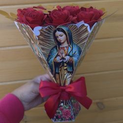 Virgencita De Guadalupe Vase With Paper Flower Roses Rosas Decor Gift Regalo