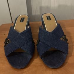 Denim block heel mule sandals