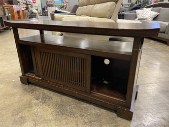 PIER 1 IMPORTS Dark Stain Tv Stand with Sliding Doors and Shelves