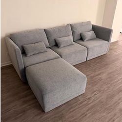 Beautiful Drew Modular Sectional Sofa with Ottoman by Drew Barrymore, Gray Fabric Sillones  