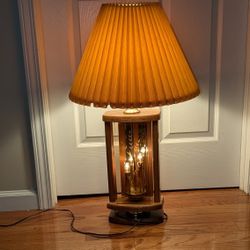 Vintage MCM Don Ward Etched Amber Glass Wood & Brass Lamp