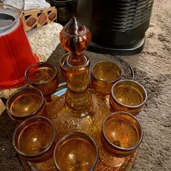 Indiana Glass Wine Decanter And 8 Cups With A Tray OBO