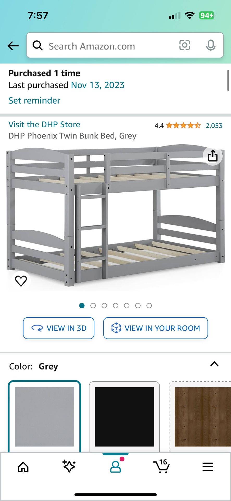 DHP Phoenix Twin Bunk Bed, Grey