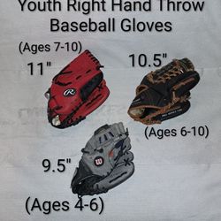3 Youth Right Hand Throw Baseball Gloves (Price Is $15 Each)
