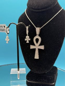 #-165 Moissanite Ankh Cross Pendant w/ Chain. & ANKH Cross Dangle Huggies Earrings SET