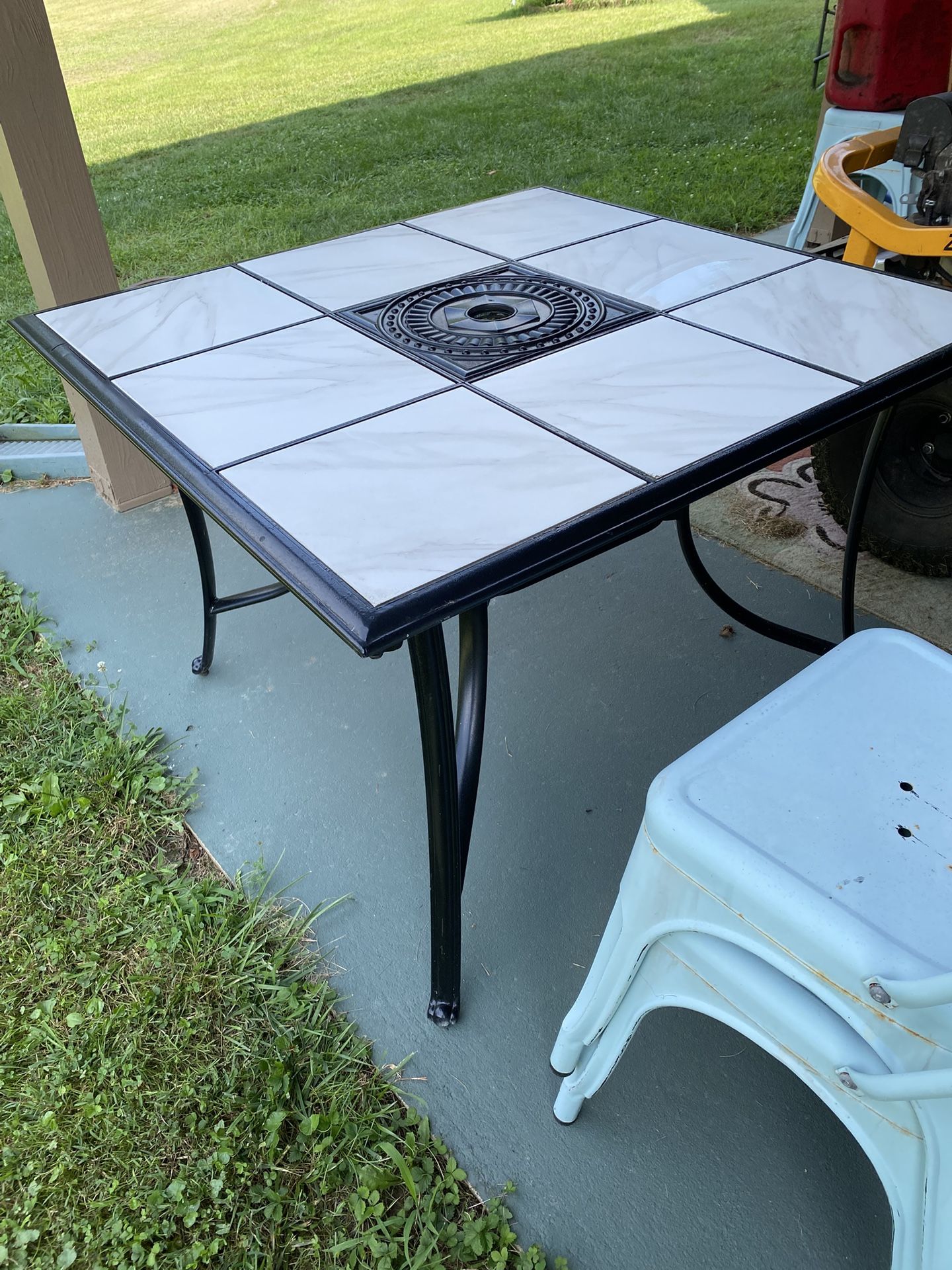 PATIO Ceramic Tile , Wrought Iron OUTDOOR TABLE WITH UMBRELLA HOLE