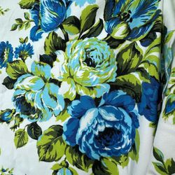 2 Vintage MCM JCPenney fashion manor pinch pleat lined floral curtain panels   Dk Blues and turquoise and chartreuse and avocado greens on white backg