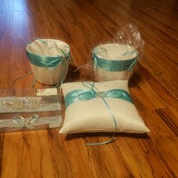 Wedding Flower Girl Basket Ring Bearer Pillow Garter Belts Turquoise And Blue