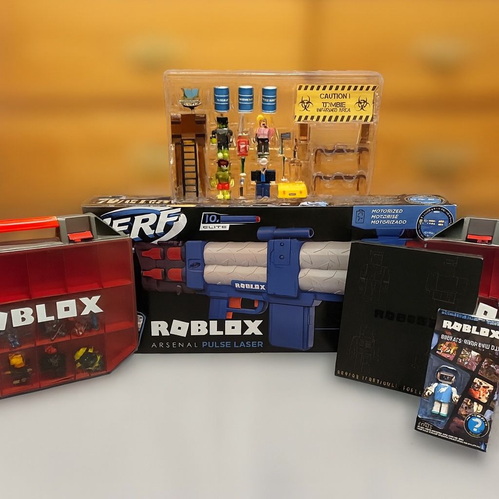 Huge Roblox Collector Bundle Lot – 24 Figures, Nerf Pulse Laser Blaster (Sealed), Cases, 2 Virtual Codes