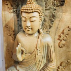 Hand Carved Hibiscus Wood Buddha Statue 