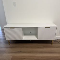 Used White Gold Tv Console , Entertainment Storage With Shelves 