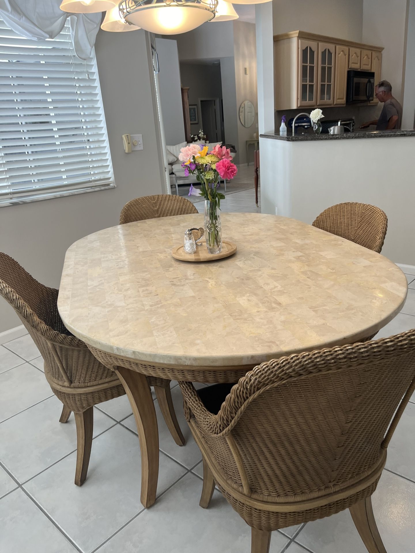 DINING TABLE & 4 WICKER CHAIRS