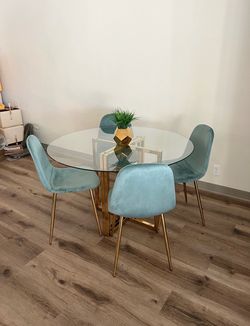 Sage Green Gold Big Round Glass Dining Room Set