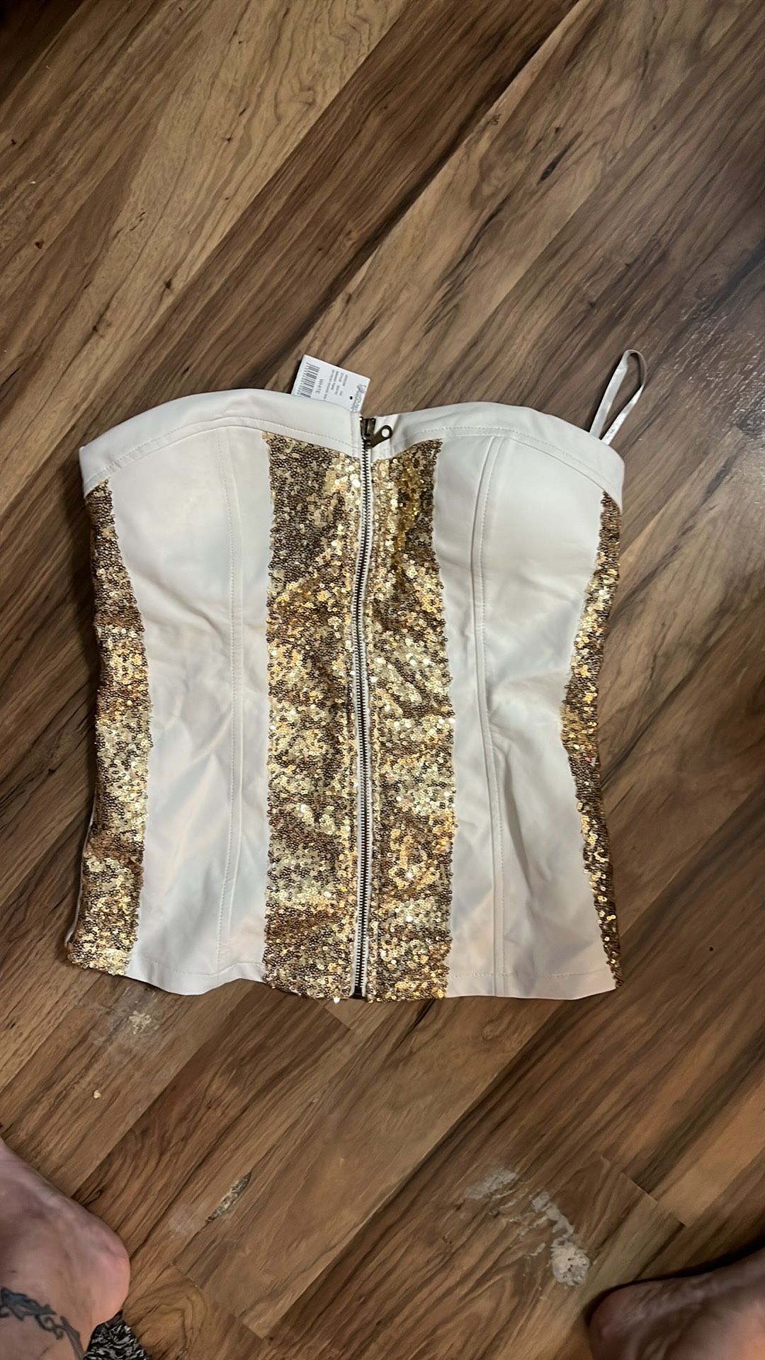 Sexy White With Gold Sequin Strapless Bustier /corset