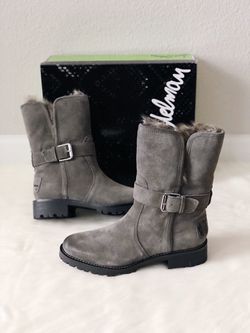 ✨New SAM EDELMAN Jeanie Moto Suede Faux Fur Boots Grey Womens Shoes Size 7.5M