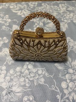 Gold Pearl Beaded Evening Minaudière Handbag
