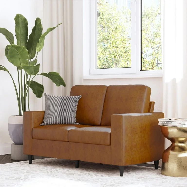 DHP Cooper Loveseat 2 Seater Sofa, Small Couch, Camel Faux Leather