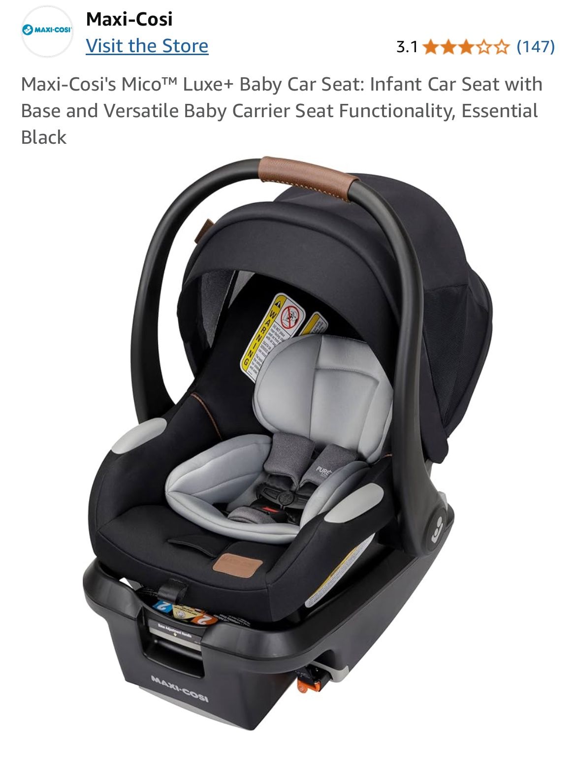 Maxi-Cosi's Mico™ Luxe+ Baby Car Seat: Infant Car Seat with Base and Versatile Baby Carrier Seat Functionality, Essential Black