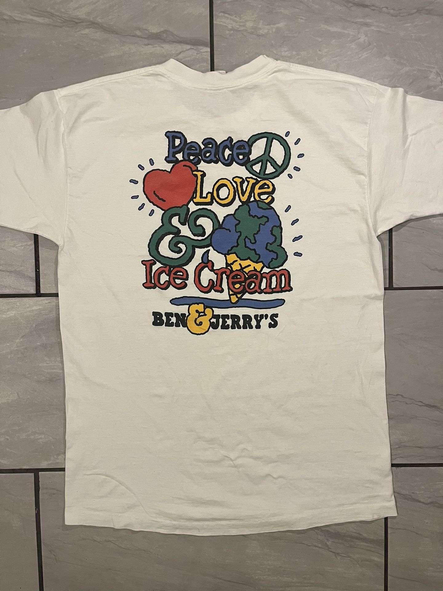 Vintage 90s Y2K Ben & Jerry’s Ice Cream Love Peace Short Sleeve T Shirt Large