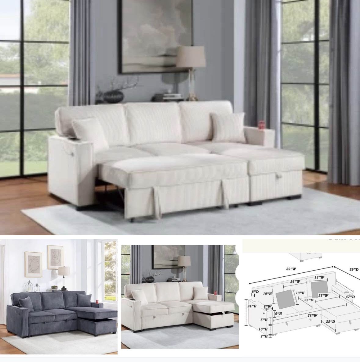 $379. 2-P Convertible Sectional Sleeper Sofa W/ Cupholder Sofa Storage & USB Ports 89”x 59”X36”H