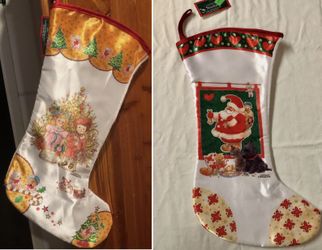 Lot Of 2 VTG 90s Giordano 18” Satin Christmas Decor Stockings~Tree~Santa Claus