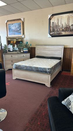 Queen Bed Frame, Dresser And Mirror