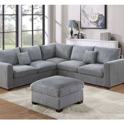 Gray Corduroy Sectional Sofa With Ottoman (Free Delivery)
