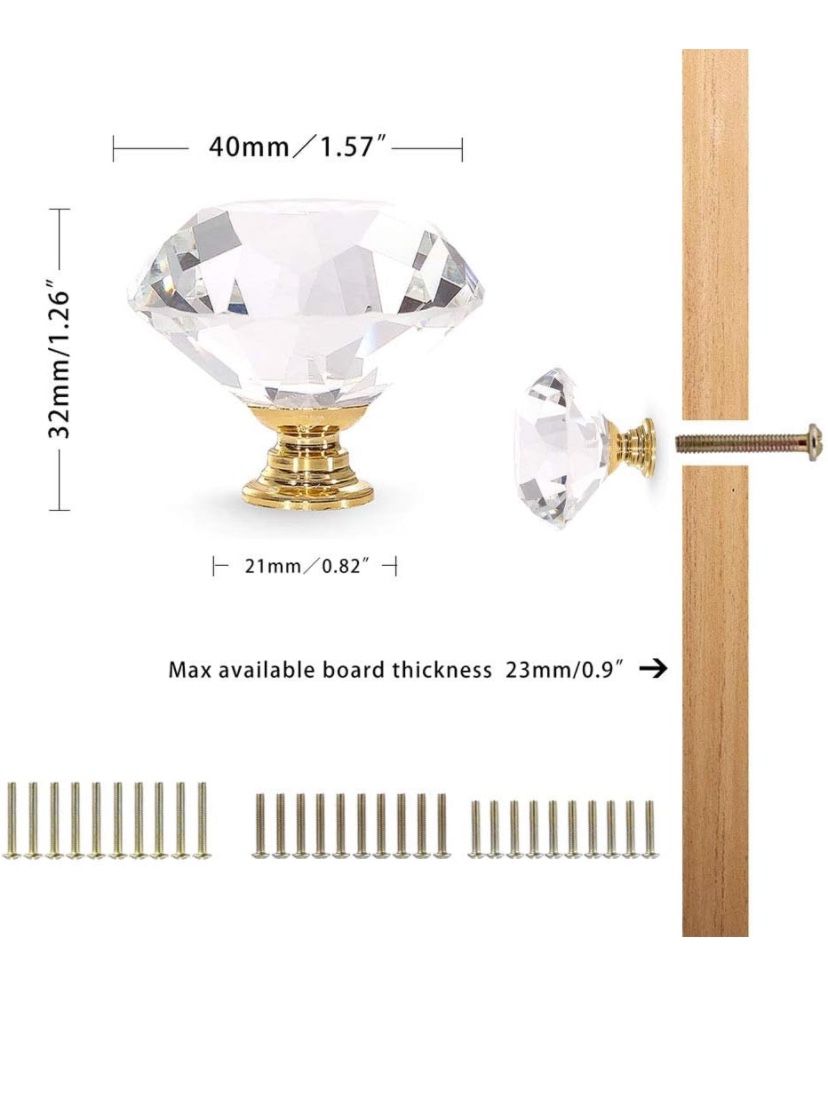CZC HOME 8 PCS Diamond Crystal Glass Pull Handle Cabinet Knobs Cupboard Drawers Cabinet Dresser Bookcase Wardrobe (40mm, Gold)