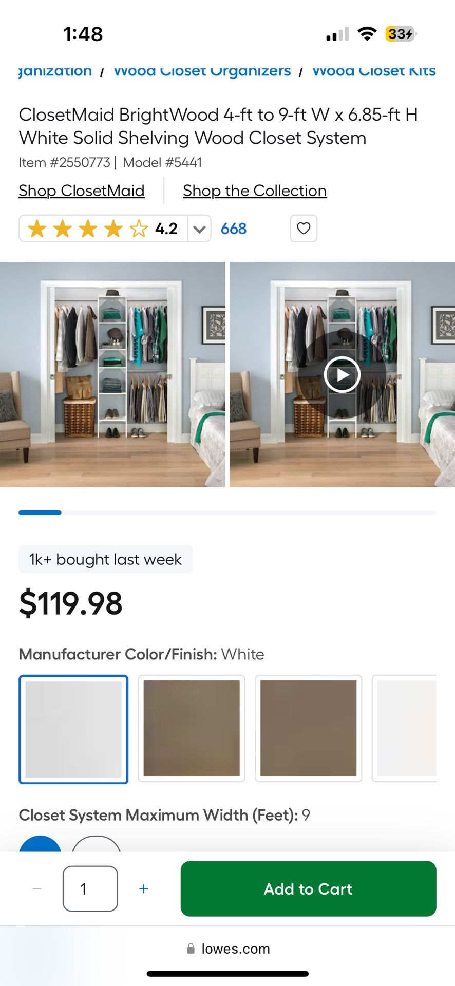 ClosetMaid BrightWood 4-ft to 9-ft W x 6.85-ft H White Solid Shelving Wood Closet System