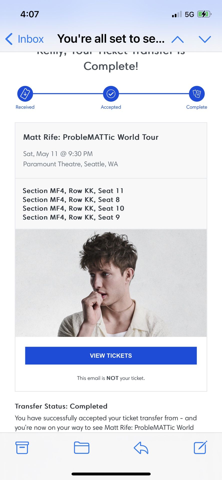 Matt Rife Paramount Theater Seattle - 4 Floor Tickets Saturday Show 9:30 