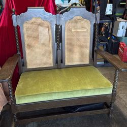 Amazing Vintage MCM Cane Avocado Green Bench Chair 