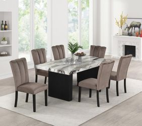 Modern design dining set features a multi-color pattern and a double pedestal base
