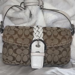 Coach Soho 6314 shoulder bag in tan signature canvas with white leather 🎀