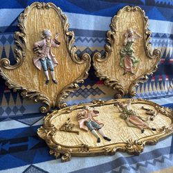 Vintage Depose Italy Victorian Dancers Couple Wall Hanging Set On Felt 3D Figure