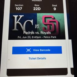 2 PADRES/ ROYALS TICKETS,  FRIDAY, JUNE 20, SEC 107, ROW 22D