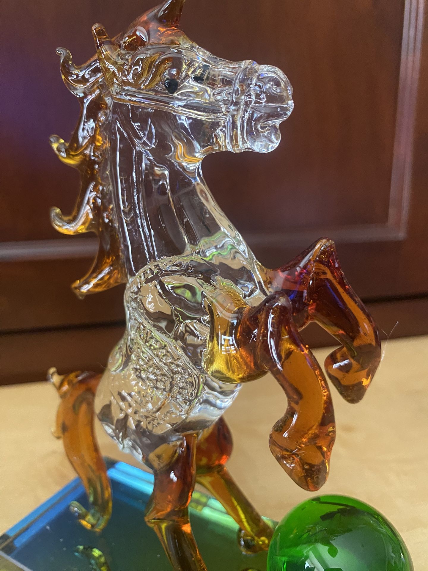 Vintage crystal Murano Horse with green ball, Decoration gift