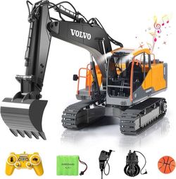 AA388-Double E Volvo 1:16 Scale Remote Control Excavator, 17 Channel 3-in-1 Construction Toy with Metal Shovel, Drill, Grab & Lights, 2.4GHz Full Func