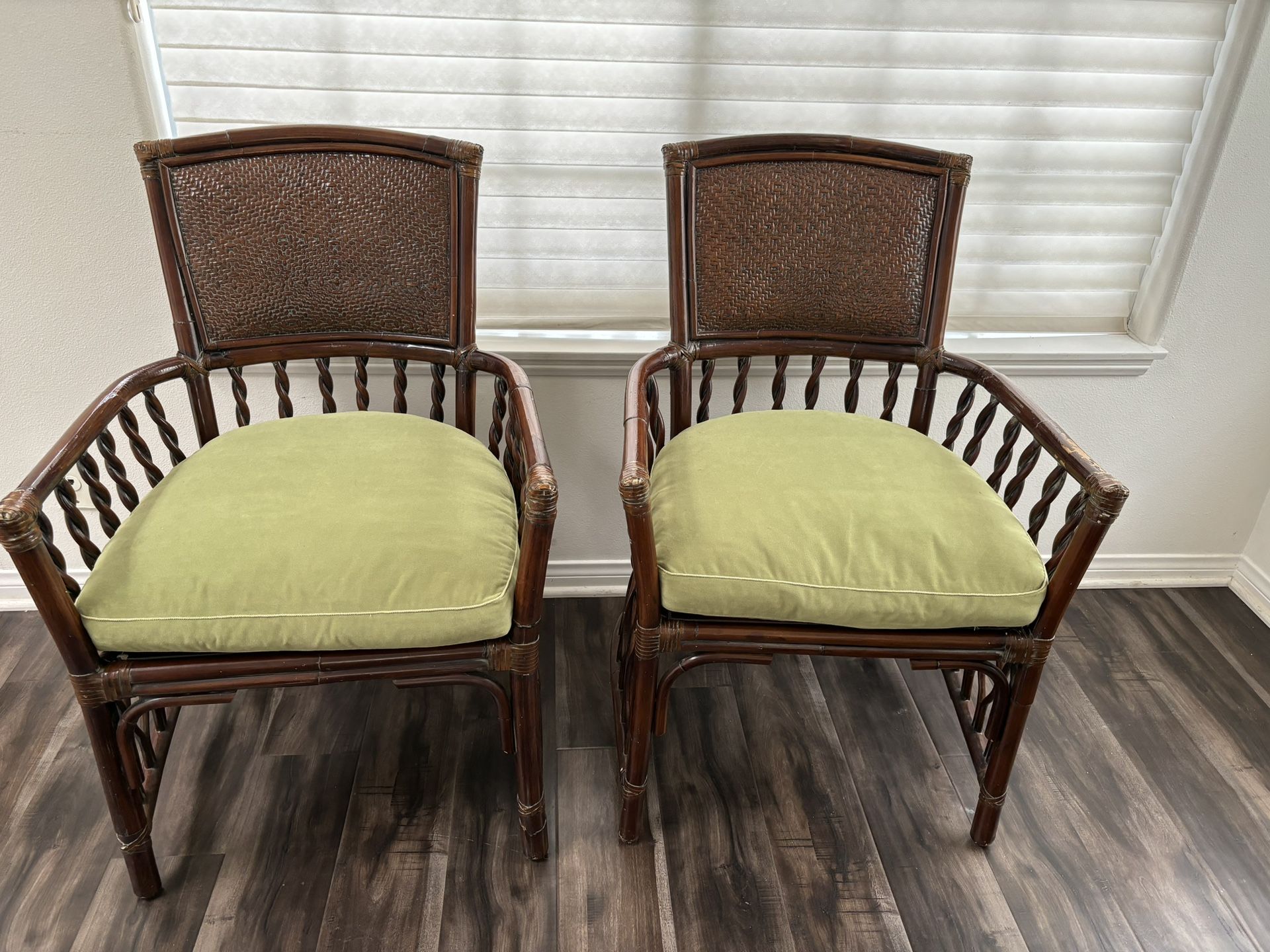 2 Mitchell Gold/Bob Williams Rattan Armchairs W/Green Cushion