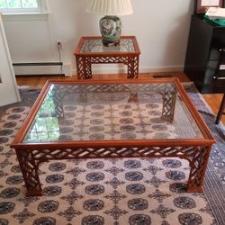 Wood and Glass Coffee and End Table Set