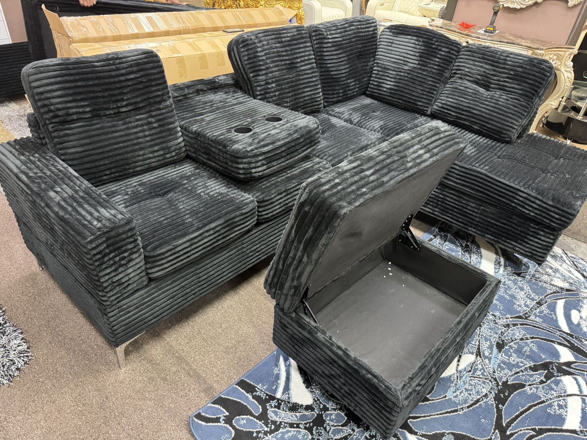 BLACK SOFT CORDUROY SECTIONAL WITH OTTOMAN COUCH SET