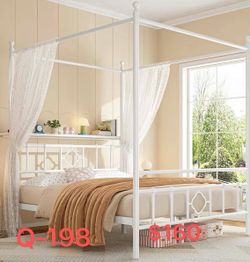 （Q-198）Canopy Bed Frame with Storage Headboard, Queen Size Bed Frame with 4 Removable Posts, Sturdy Metal Platform with Under-Bed Storage